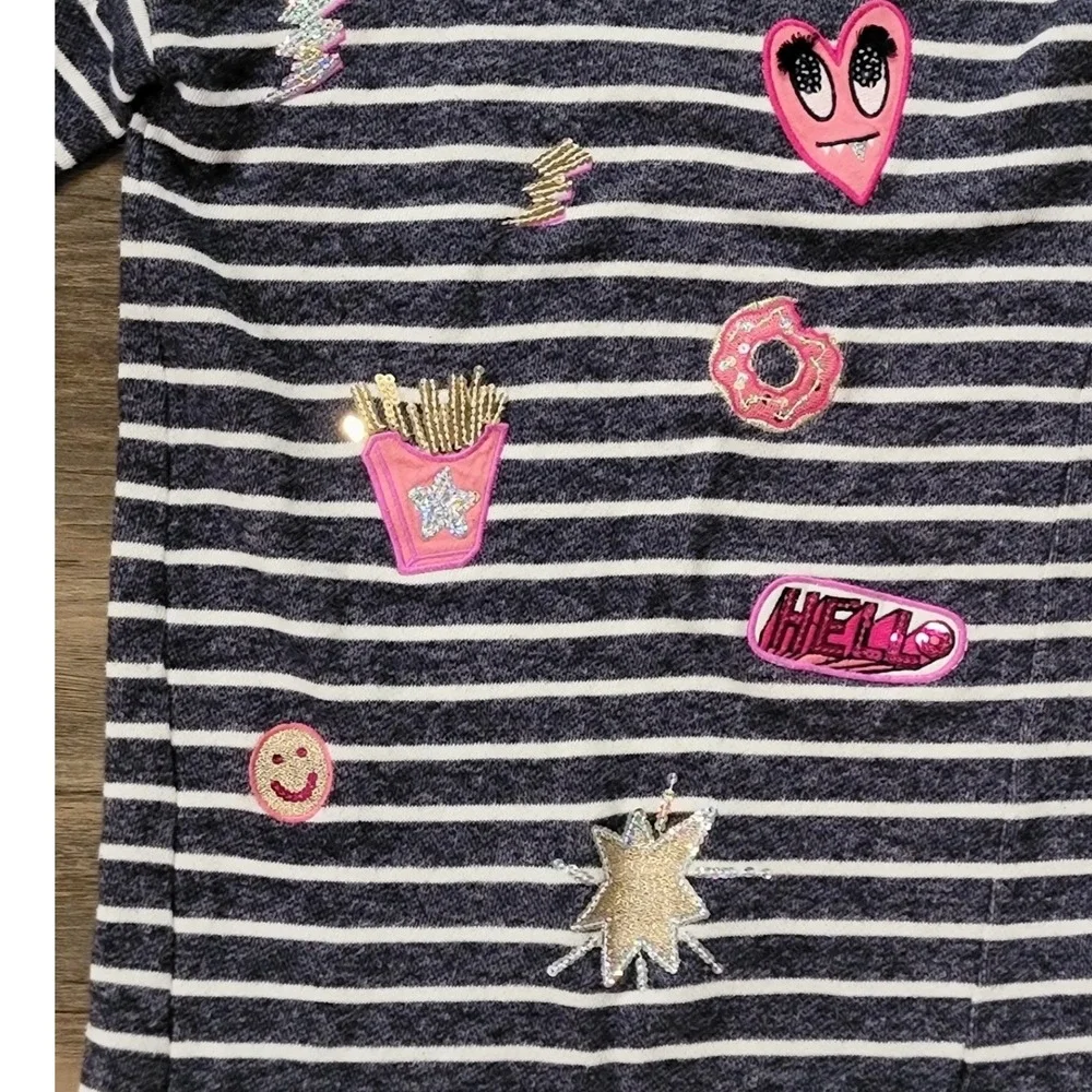 Gymboree Girls Navy White Striped T-Shirt‎ Dress Size 8 Sequin Fun Patches Heart